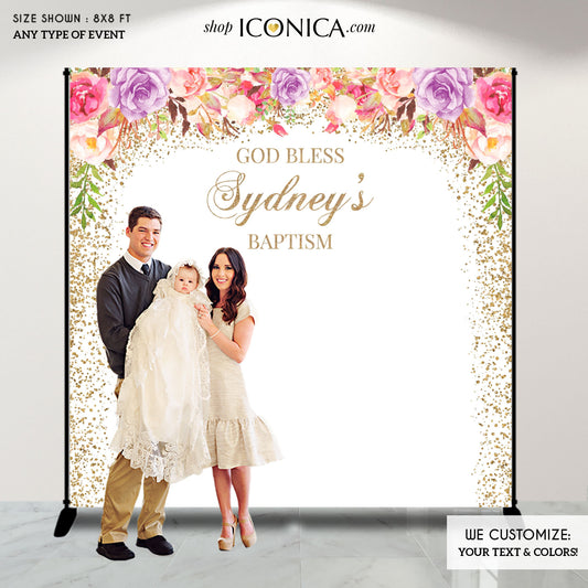 Baptism Photo Backdrop Floral,Bohemian Floral Baby Shower Decor,any text, Watercolor Flowers Garden Shower Printed BBS0072