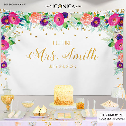 Floral Bridal Shower Backdrop, Garden Party - PINK Purple Floral Dessert Table Banner Watercolor Flowers - Printed BBR0028