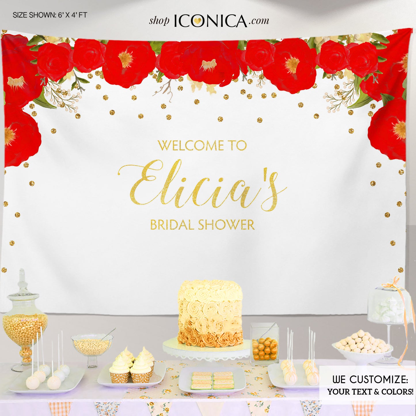 Floral Bridal Shower Backdrop, Gold And Red Dessert Table Banner Any Event Watercolor Flowers Garden Party Printed Bbr0007