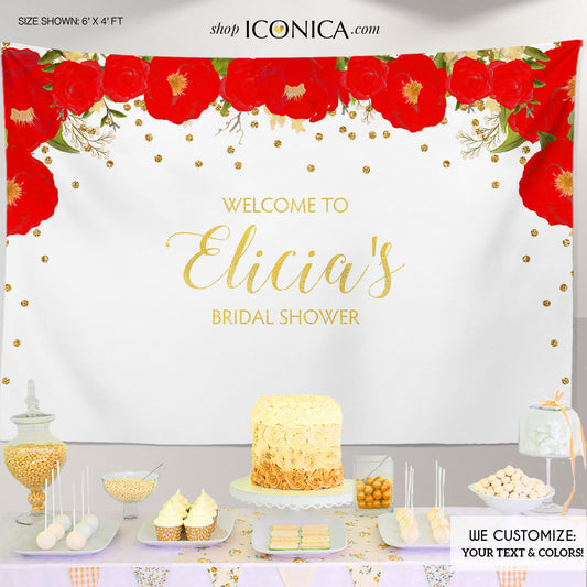 Floral Bridal Shower Backdrop, Gold And Red Dessert Table Banner Any Event Watercolor Flowers Garden Party Printed Bbr0007