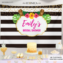 Load image into Gallery viewer, Tropical Luau Bridal Shower Backdrop Summer Parties - Floral Dessert Table Banner - Tiki Party Pool Party Printed
