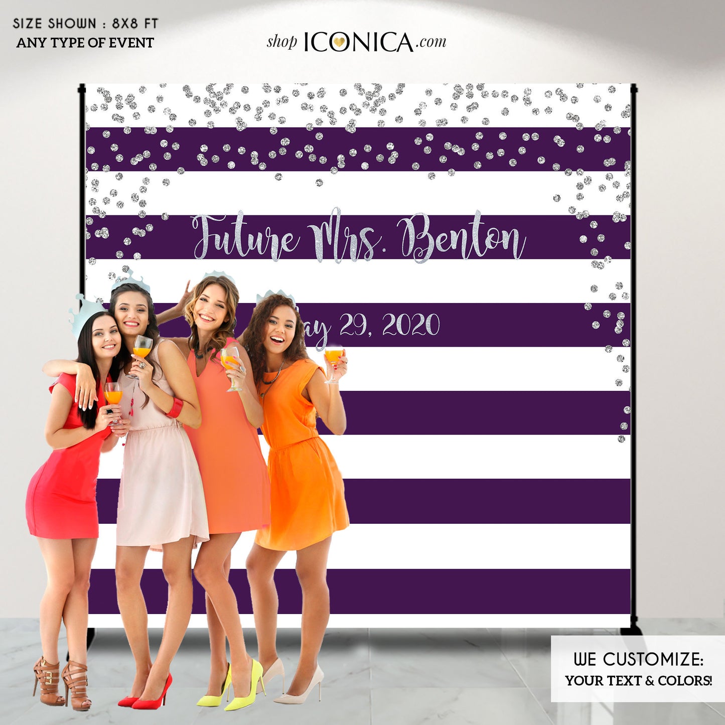 Bridal Shower Party Backdrop, Purple and Silver Party Backdrop, Dessert Table Banner, Striped Banner - Printed BBR0018
