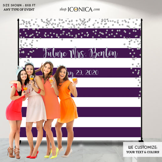 Bridal Shower Party Backdrop, Purple and Silver Party Backdrop, Dessert Table Banner, Striped Banner - Printed BBR0018