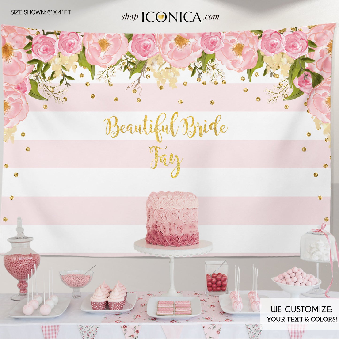 Floral Bridal Shower Backdrop Gold And Pink Dessert Table Banner Any Event Watercolor Flowers Garden Printed BBR0001