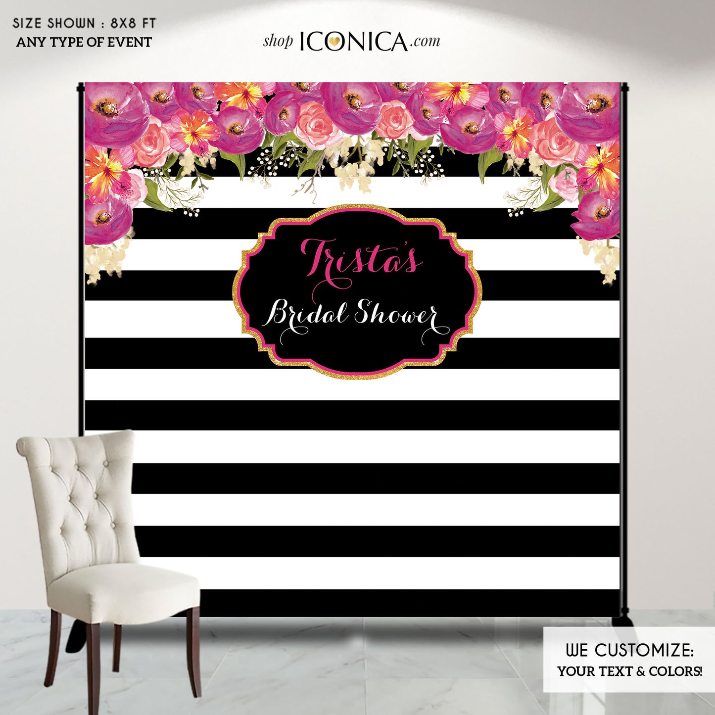 Custom Photo Booth Backdrop, Black and White Stripes Step And Repeat, Engagement Party,BRIDAL SHOWER Banner, Printed BBR0012