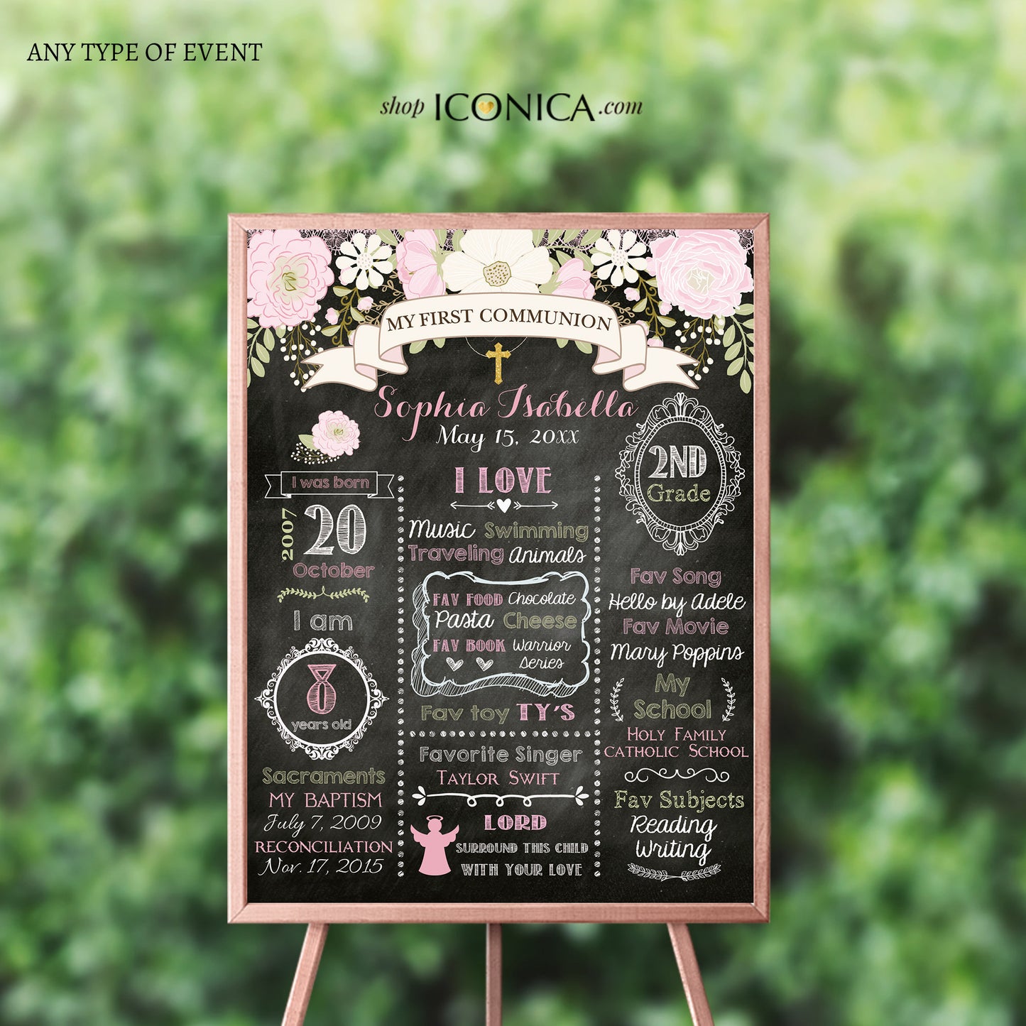 First Communion Chalkboard Sign Floral, Baptism Milestone Poster, Any Event Or text, Digital Or Printed Cfc0001