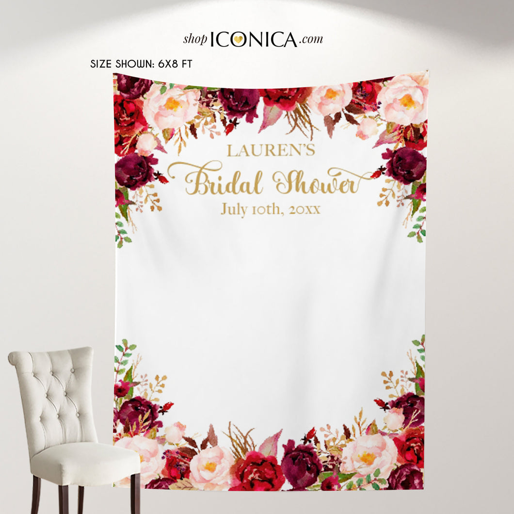 Bridal Shower Backdrop Floral Burgundy and Pink, Bridal Shower Decor, Any Event,Watercolor Flowers Garden Printed Bbr0002