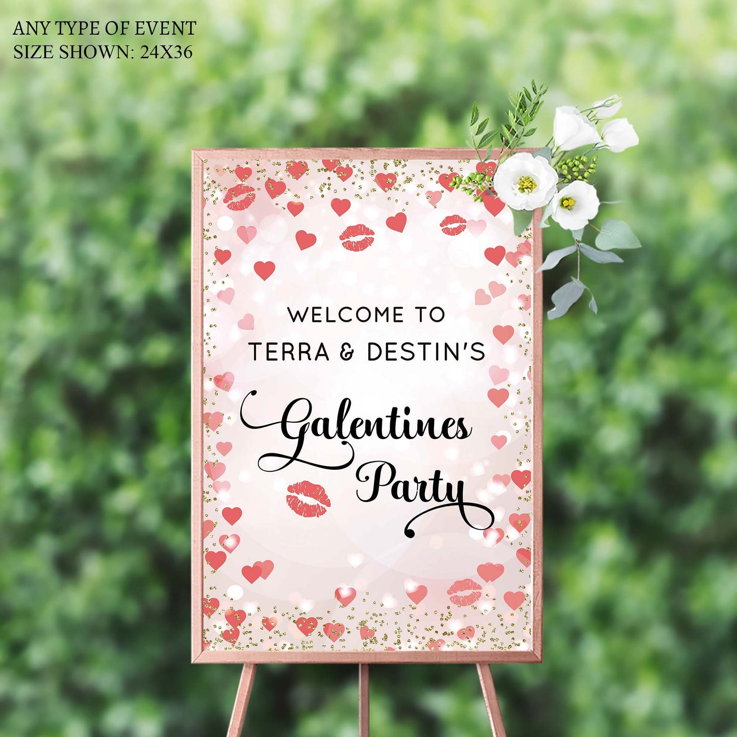 Galentines Party Welcome Sign , Valentines Party Sign, Valentine's day, Hearts and Kisses Welcome Sign, Any Text, Printed