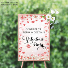 Load image into Gallery viewer, Galentines Party Welcome Sign , Valentines Party Sign, Valentine&#39;s day, Hearts and Kisses Welcome Sign, Any Text, Printed
