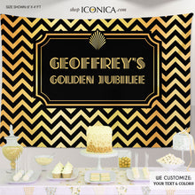Load image into Gallery viewer, Chevron Photo Booth Backdrop, Chevron Golden Jubilee Backdrop, Gold Virtual Retirement Party Backdrop, Printed Or Printable File BRT0007
