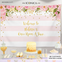 Load image into Gallery viewer, Floral Bridal Shower Backdrop &quot;Once upon a time&quot; Dessert Table Banner Any Event Watercolor Flowers Garden Printed BBR0001
