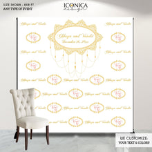 Load image into Gallery viewer, Wedding Backdrop, Photo booth Moroccan Party, Indian Backdrop, any wording, Arabian Nights Decor, Printed BWD0024
