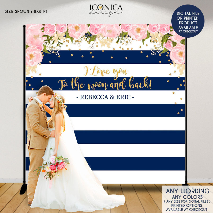 Bridal Shower floral Party Backdrop, Blue and White Stripes, Bridal Shower Banner any event Gold Confetti, Printed BBR0004