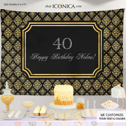 Black And Gold 40th Birthday Party Backdrop Adult Birthday - Any Age Party Banner Damask Pattern Elegant Printed Or Printable File Bbd0030