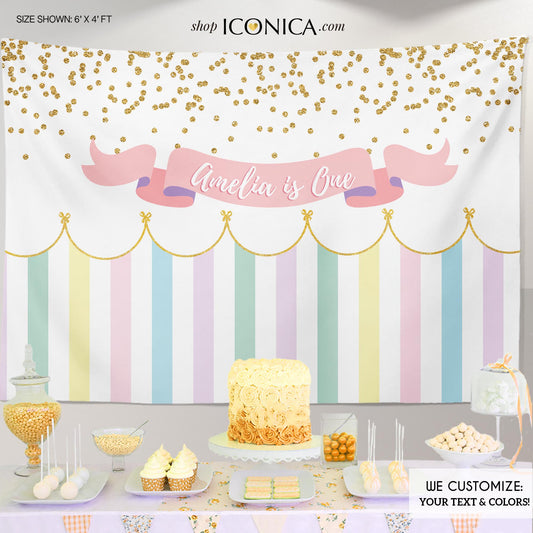 Girls First Birthday Party Backdrop, Any Age, Any Wording, Girls Baby Shower Banner Circus Banner Pastel Colors Printed BBD0073