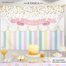 Load image into Gallery viewer, Girls First Birthday Party Backdrop, Any Age, Any Wording, Girls Baby Shower Banner Circus Banner Pastel Colors Printed BBD0073
