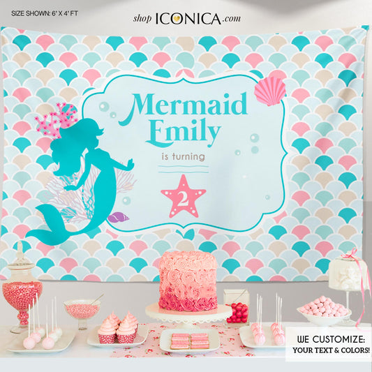 Mermaid Party Backdrop, Under The Sea Party, Mermaid Banner Any Colors Pink And Blue Seashell Backdrop Printed Or Printable File Bbd0054