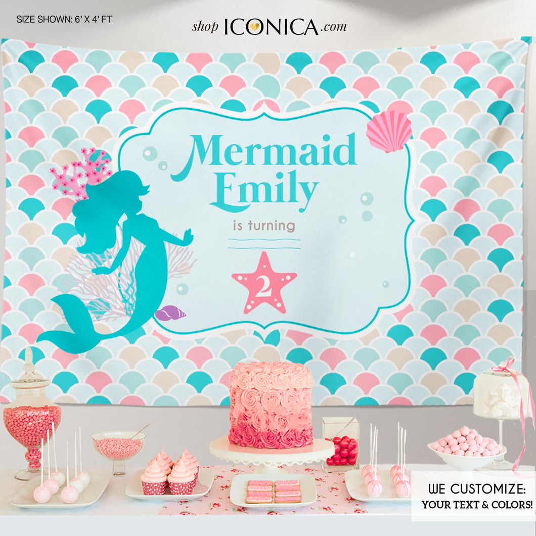 Mermaid Party Backdrop, Under The Sea Party, Mermaid Banner Any Colors Pink And Blue Seashell Backdrop Printed Or Printable File Bbd0054