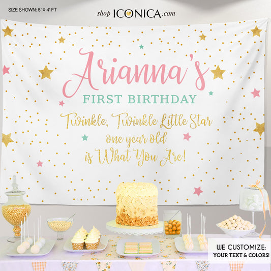 Twinkle First Birthday Party Backdrop, Twinkle Little Star Banner - Pink, mint and gold backdrop- Printed BBD0112