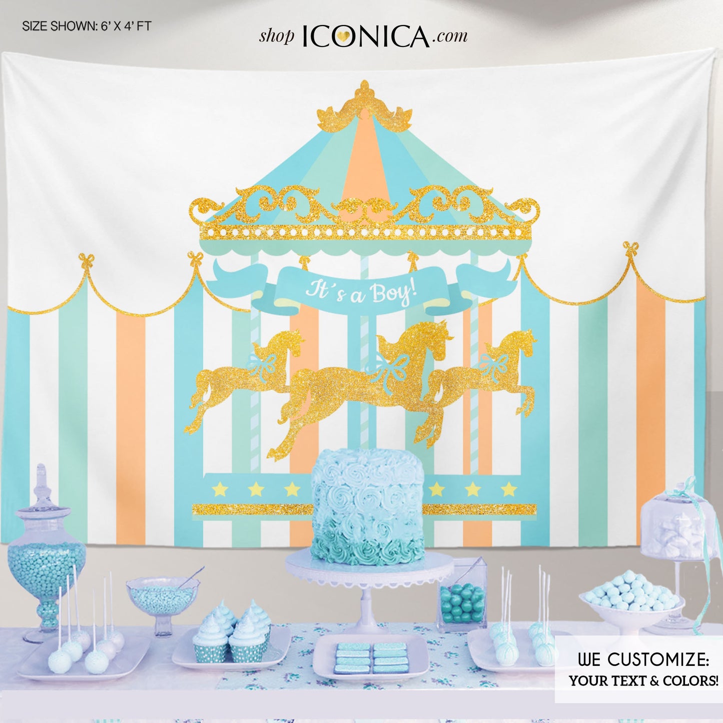 Carousel Party Backdrop First Birthday Any Age - Neutral Colors - Baby Shower Banner Carnival Pastel Colors - Printed
