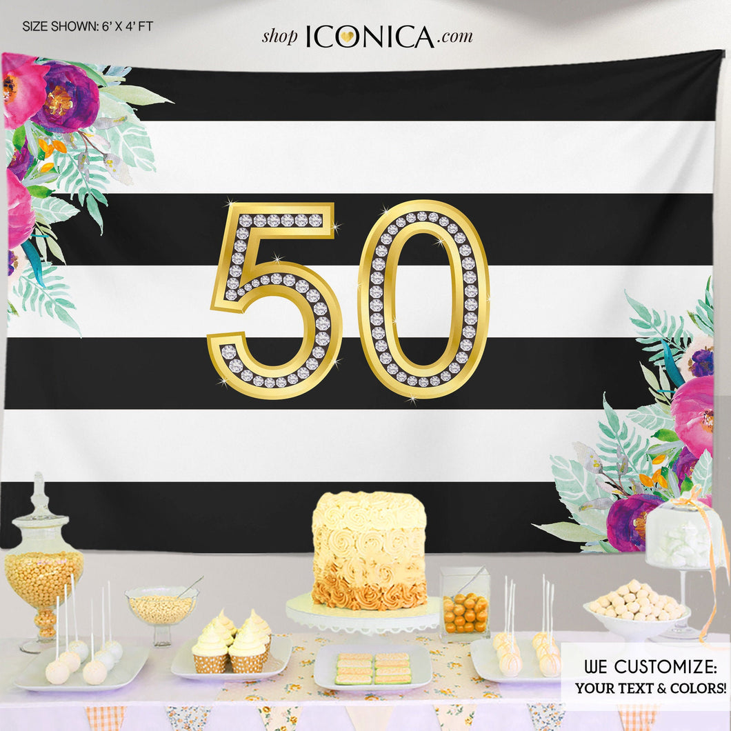 50th Birthday Backdrop Floral ,Black and White Stripes, Floral Striped Banner, Any age, Milestone Birthday Backdrop, 50th Birthday Banner, Printed BBD0107