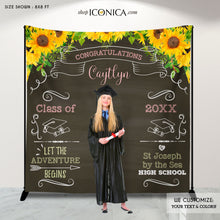 Load image into Gallery viewer, Graduation Party Photo Booth Backdrop, Virtual Graduation, Sunflowers Floral Step and Repeat, Congrats Grad Banner, Printed BGR0021
