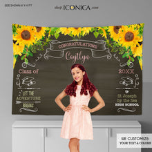 Load image into Gallery viewer, Graduation Photo Backdrop Personalized, Virtual Graduation, Sunflowers Backdrop, Grad Fabric Eco-Friendly Non-Glare,Any type Event BGR0021
