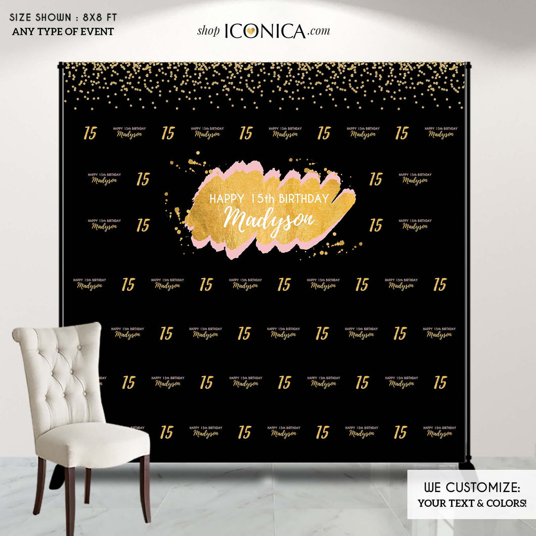 Birthday Photo Booth Backdrop Gold Quinceanera Custom Step & Repeat Backdrop Red Carpet Banner Printed BBD0056
