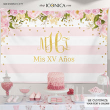 Load image into Gallery viewer, 15th Birthday Party Backdrop Floral Quinceanera Backdrop, Faux Gold Monogram, Pink Striped Dessert Table Banner, any age BBD0104
