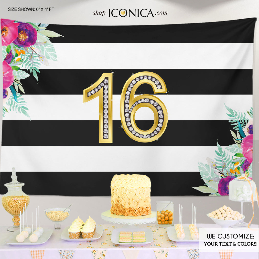 Floral Milestone Birthday Backdrop, Black and White Stripes, Floral Striped Banner, Any age,Sweet 16 Birthday Banner, BBD0107