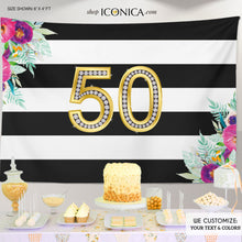 Load image into Gallery viewer, Floral Milestone Birthday Backdrop, Black and White Stripes, Floral Striped Banner, Any age,Sweet 16 Birthday Banner, BBD0107
