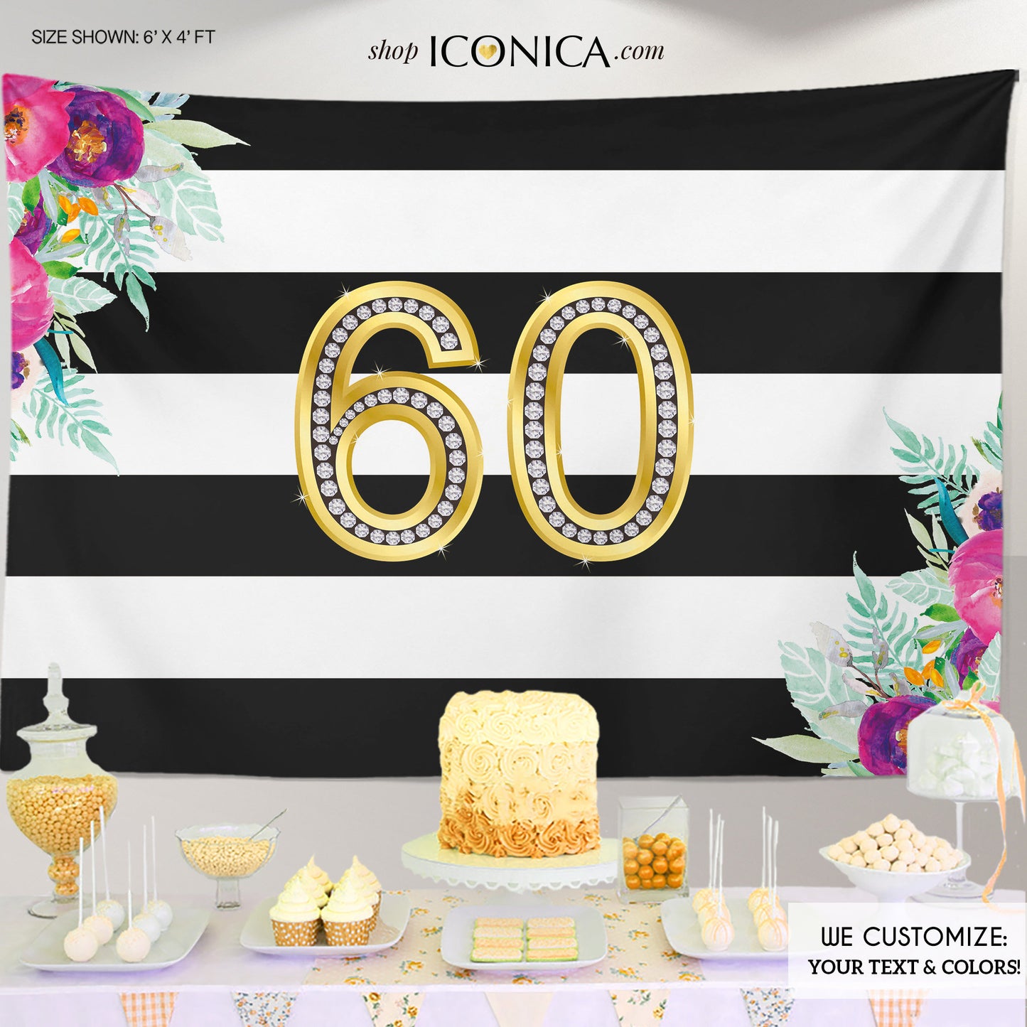 Floral 60th Birthday Backdrop Milestone Backdrop, Floral Striped Banner, Any age, 60th Birthday Banner, Printed Or Printable File BBD0107