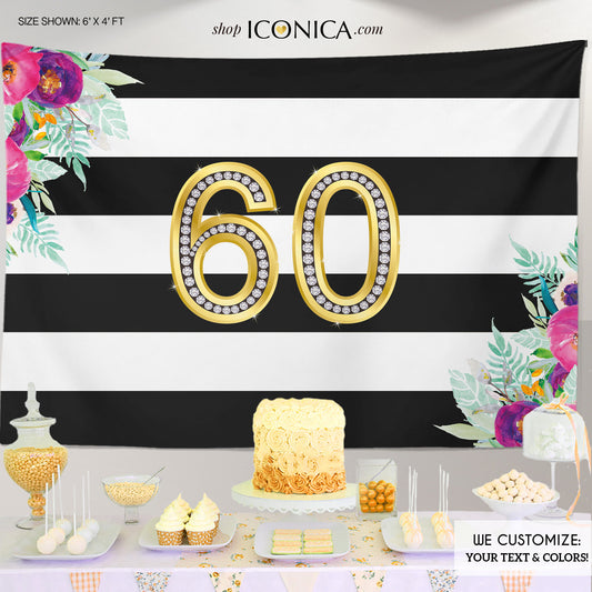 Floral 60th Birthday Backdrop Milestone Backdrop, Floral Striped Banner, Any age, 60th Birthday Banner, Printed Or Printable File BBD0107