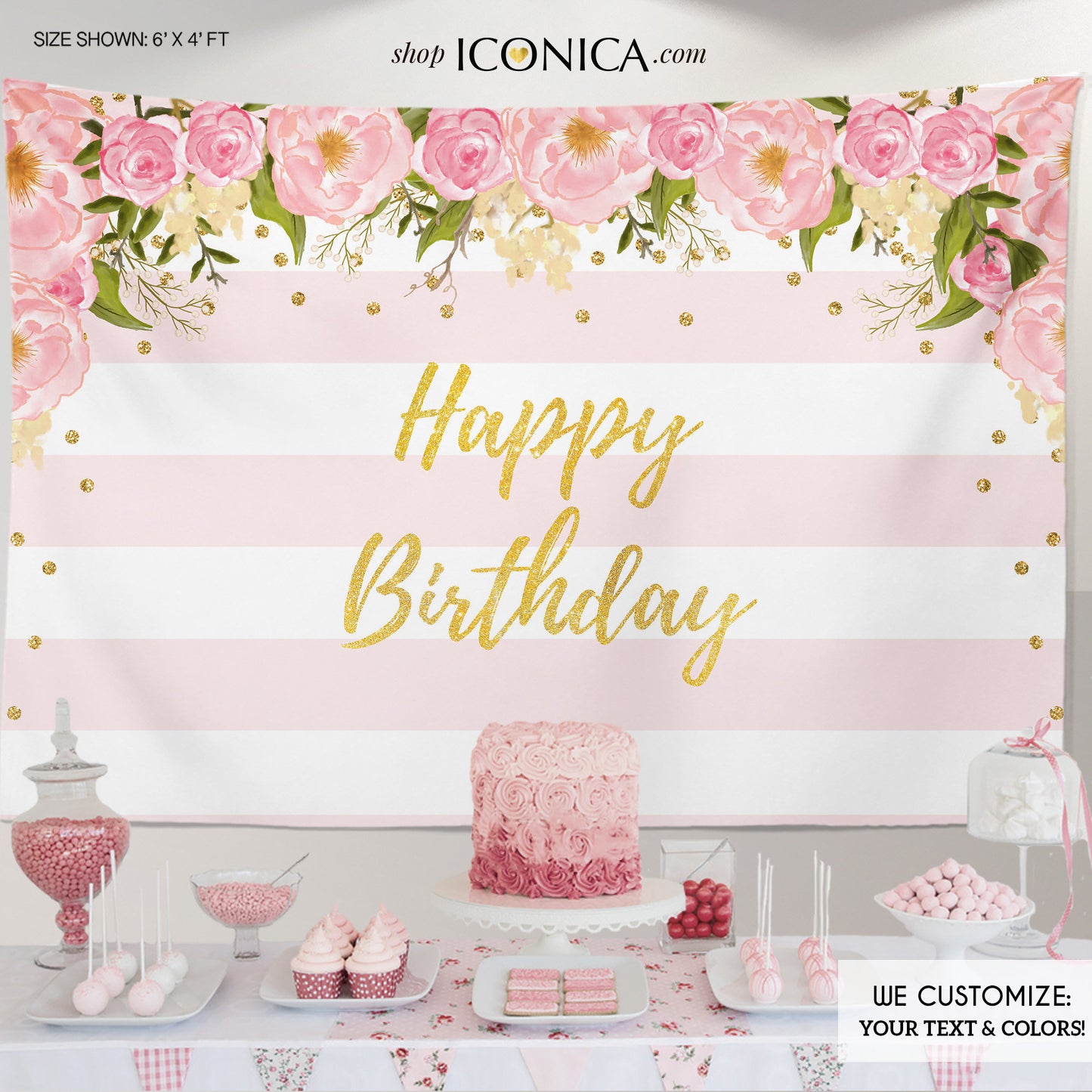 Floral First Birthday Party Backdrop Gold and Pink Dessert Table Banner any age wording Watercolor Garden Party Printed BBD0003