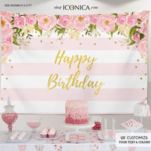 Load image into Gallery viewer, Floral First Birthday Party Backdrop Gold and Pink Dessert Table Banner any age wording Watercolor Garden Party Printed BBD0003
