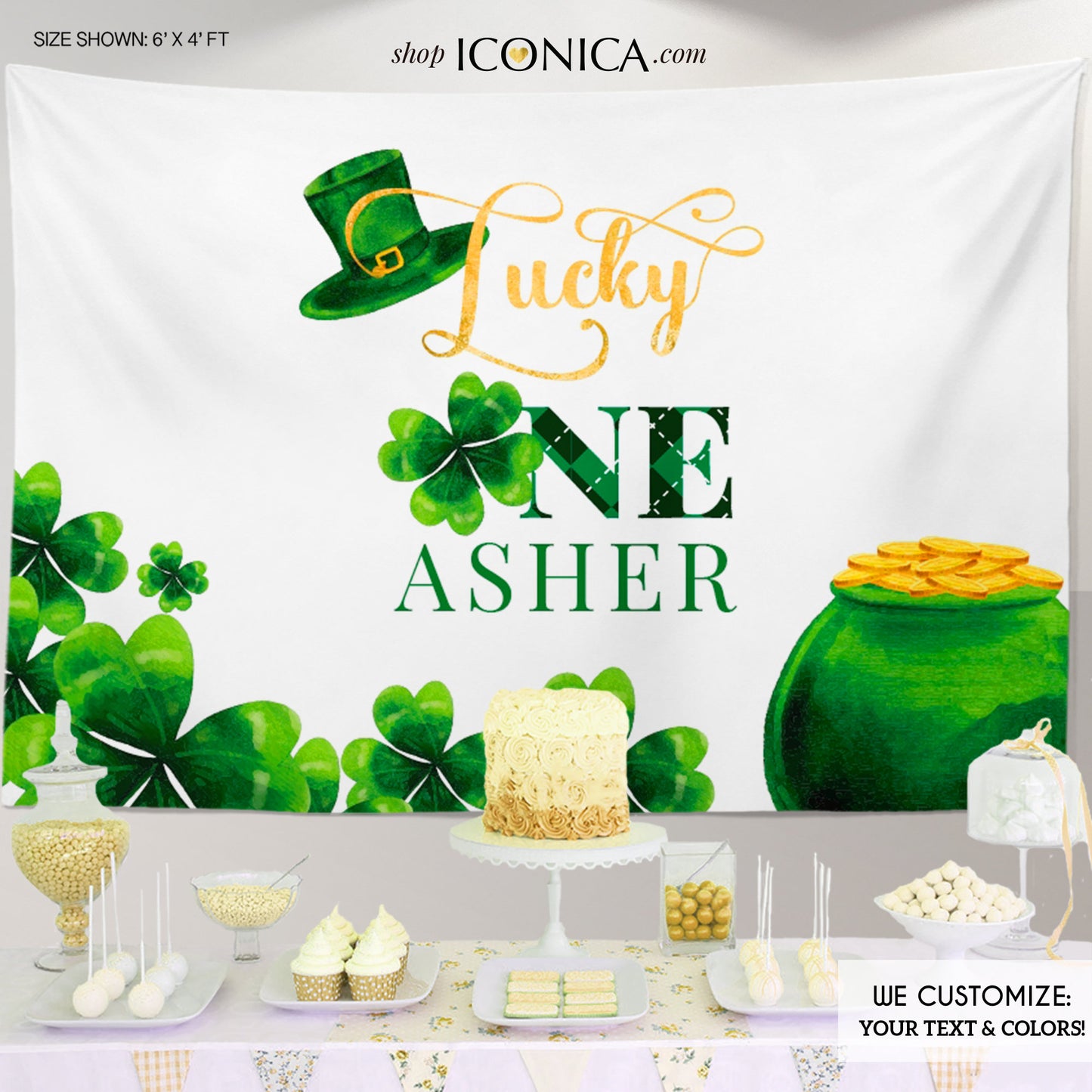Lucky ONE St. Patrick's Day Themed Photo Backdrop,St. Patricks Day Backdrop, Shamrock 1st Birthday banner, any text, Printed or Digital File