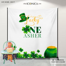 Load image into Gallery viewer, Lucky ONE St. Patrick&#39;s Day Themed Photo Backdrop,St. Patricks Day Backdrop, Shamrock 1st Birthday banner, any text, Printed or Digital File
