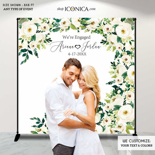 Engagement Party Backdrop,White and Greenery Engagement Decor,Wedding backdrop, Floral Photo backdrop,Personalized, BWD0035