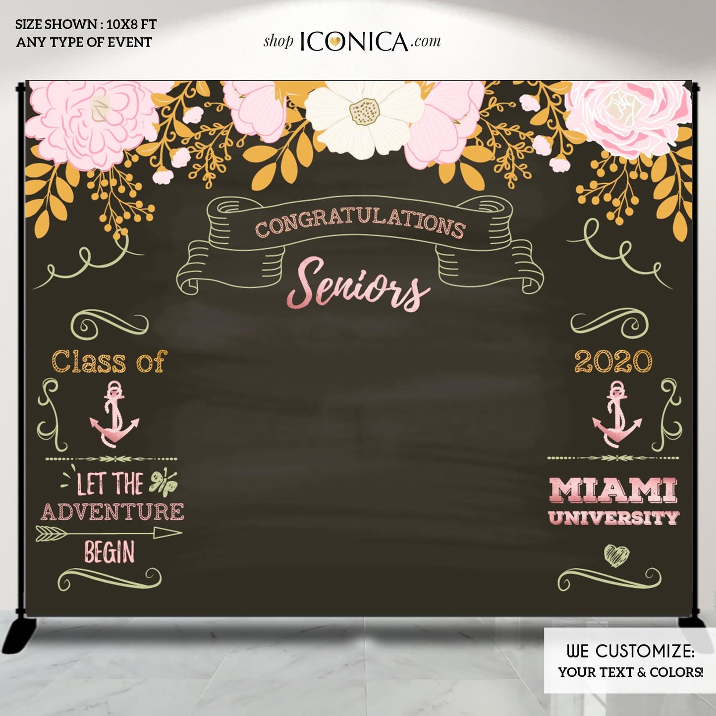 Graduation Party Photo Booth Backdrop, Virtual Graduation, Floral Step and Repeat, Congrats Grad, Banner Printed
