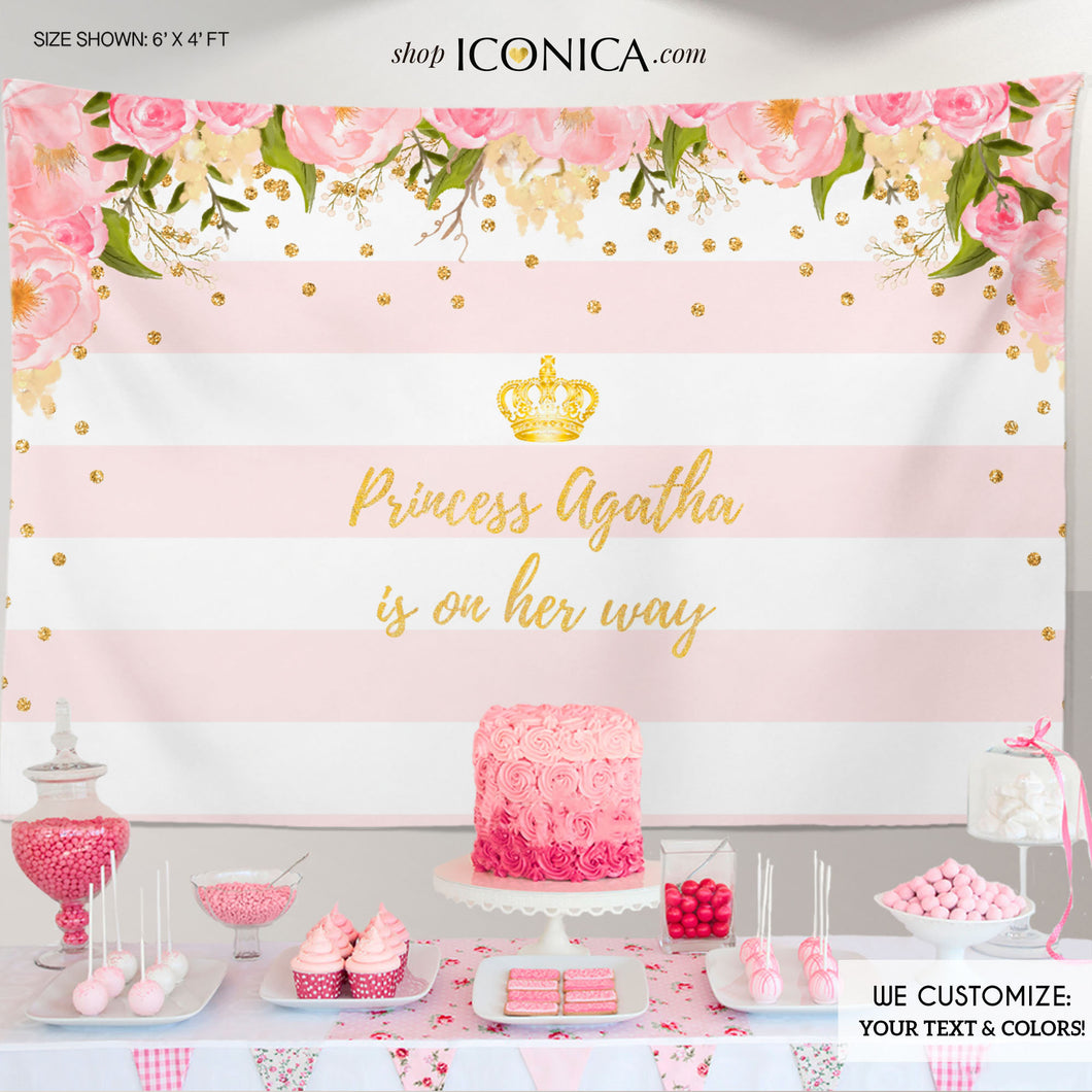 Floral Baby Shower Backdrop, Gold And Pink, Princess on her way Dessert Table Banner, Watercolor Flowers Garden Shower Printed Or Printable