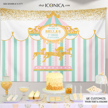 Load image into Gallery viewer, Carousel First Birthday Backdrop,Girls Circus Party Decor,Pink Carnival Backdrop, Pastel Colors, Printed BBD0117
