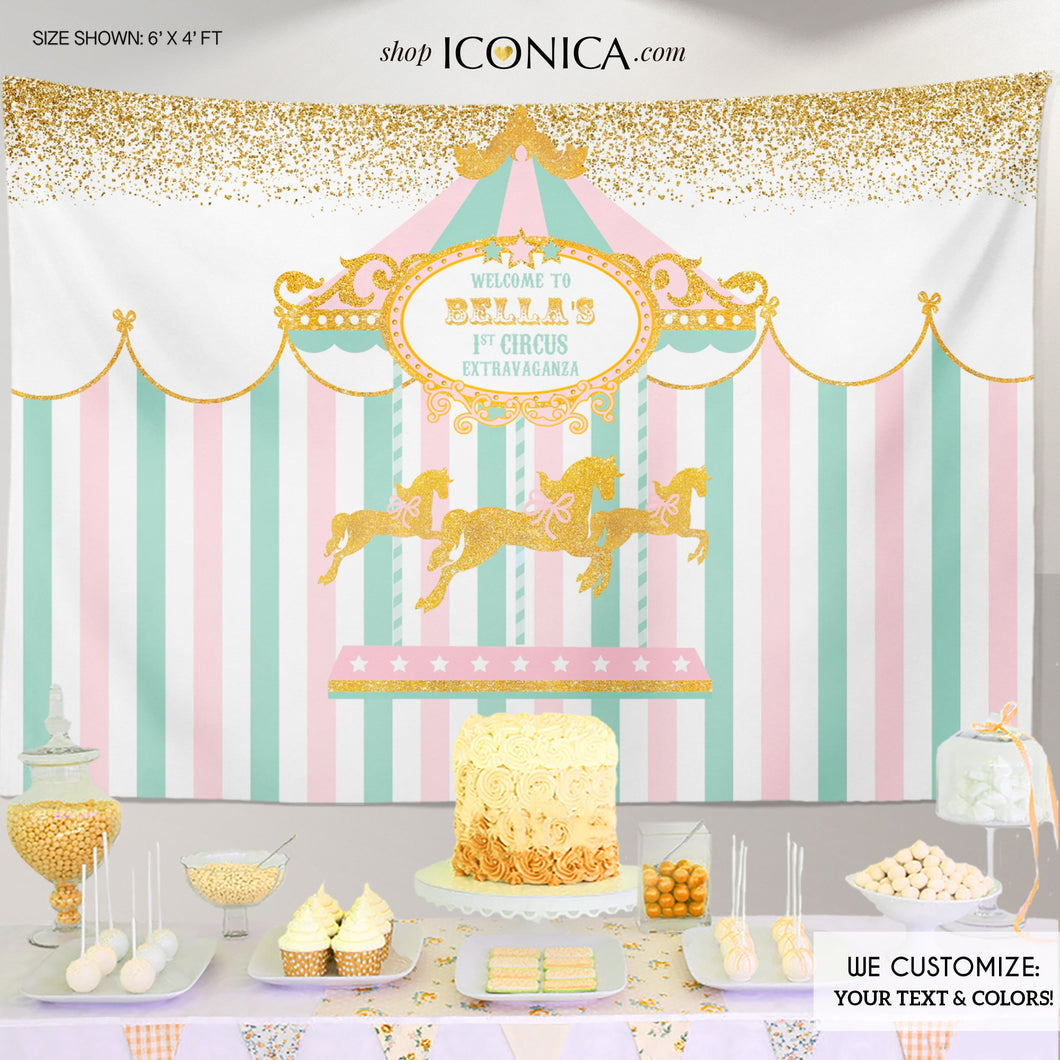 Carousel First Birthday Backdrop,Girls Circus Party Decor,Pink Carnival Backdrop, Pastel Colors, Printed BBD0117