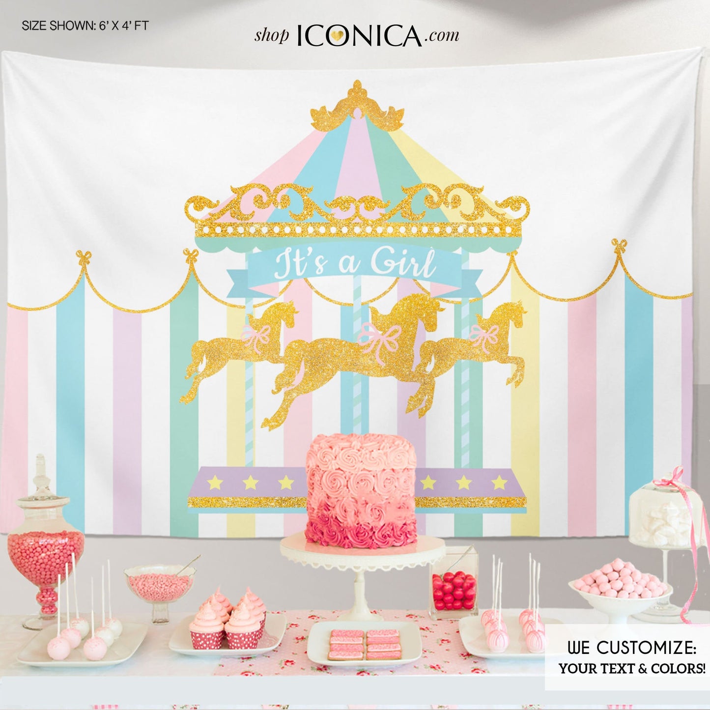 Carousel Baby Shower Backdrop,It's A Girl,Any Wording,Girls Baby Shower Banner,Circus Banner,Pastel Colors,Printed Or Printable File Bbd0005