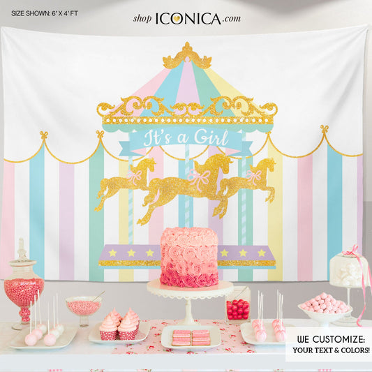 Carousel Baby Shower Backdrop,It's A Girl,Any Wording,Girls Baby Shower Banner,Circus Banner,Pastel Colors,Printed Or Printable File Bbd0005