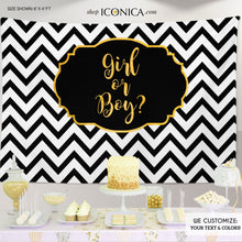 Load image into Gallery viewer, Gender Reveal Baby Shower Backdrop Boy Or Gir, He Or She, Chevron, Black And White Baby Shower Banner, Printed Or Printable File Bbs0022
