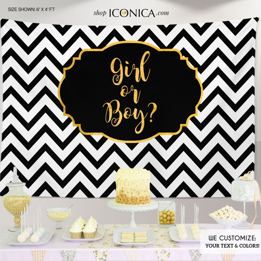 Gender Reveal Baby Shower Backdrop Boy Or Gir, He Or She, Chevron, Black And White Baby Shower Banner, Printed Or Printable File Bbs0022