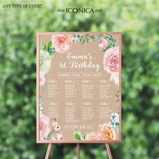 Easter Bunny 1st Birthday Seating Chart Board,Some Bunny is ONE Chart, Spring Parties,   Floral Kraft, Printed Seating Chart Guest List Seating Chart Template