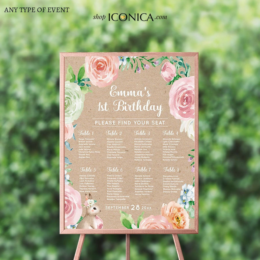 Easter Bunny 1st Birthday Seating Chart Board,Some Bunny is ONE Chart, Spring Parties,   Floral Kraft, Printed Seating Chart Guest List Seating Chart Template
