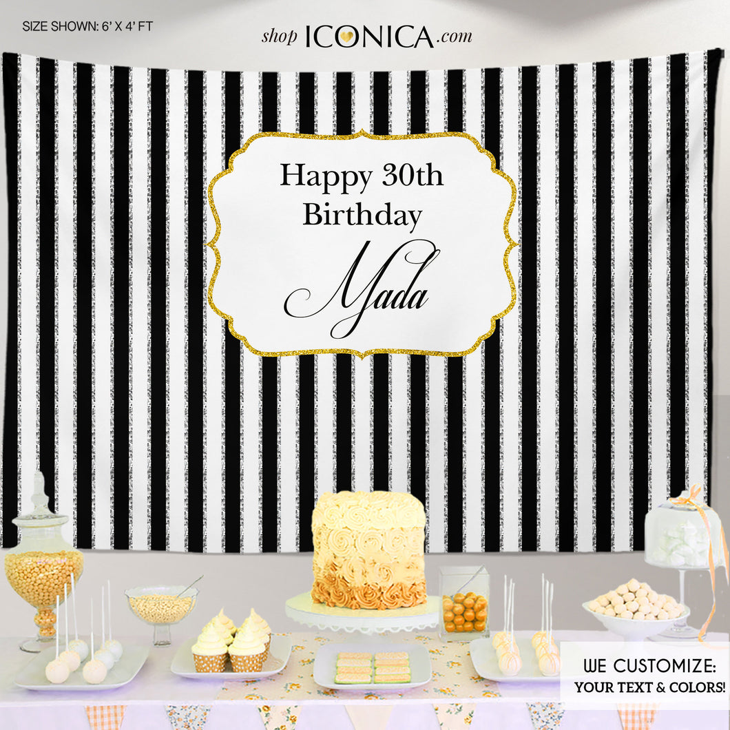 30th Birthday Party Backdrop Black and White Striped Personalized, 30th Birthday Banner, Milestone Birthday Backdrop, any event, Any Color, Printed