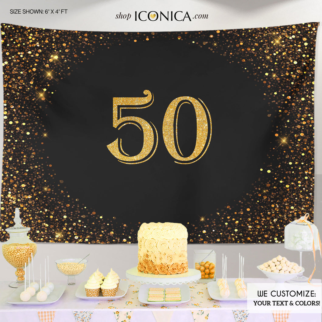 50 Birthday Photo Booth Backdrop, 50th Birthday Party Backdrop, Milestone Birthday Backdrop, Gold and Black Decor, Printed BBD0145